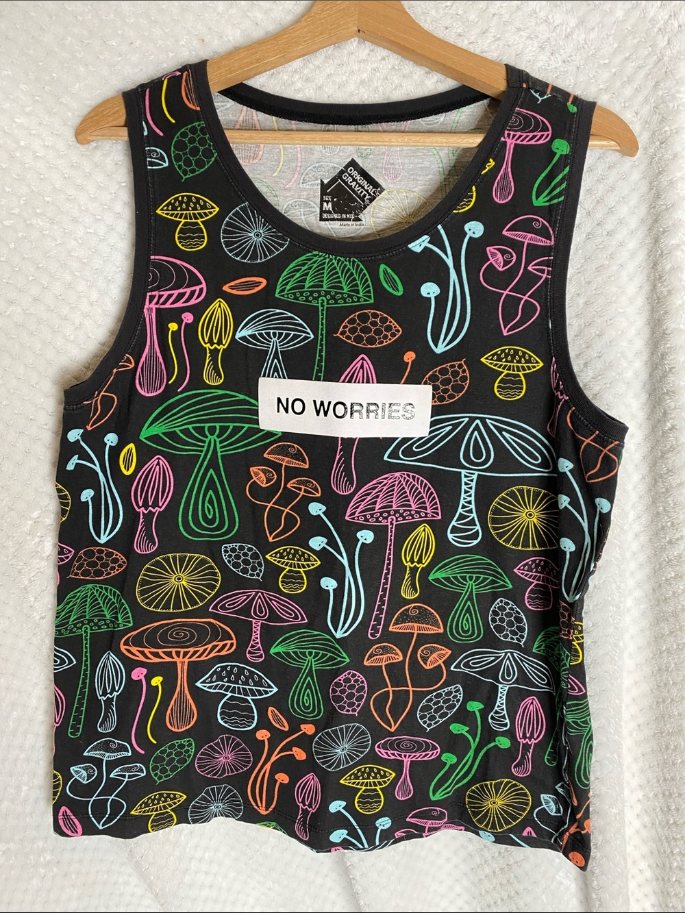 Original Gravity NO WORRIES Black Bright Mushrooms Graphic Tank Top